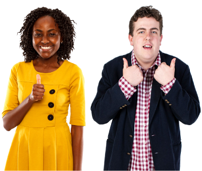 Two people smiling with their thumbs up